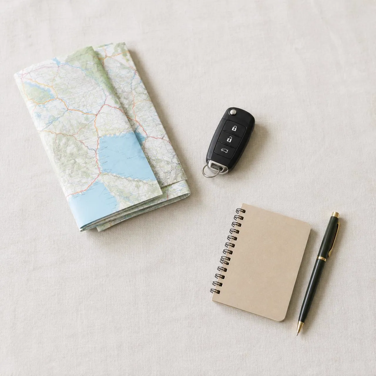 Car key, folded road map and notebook on a linen surface