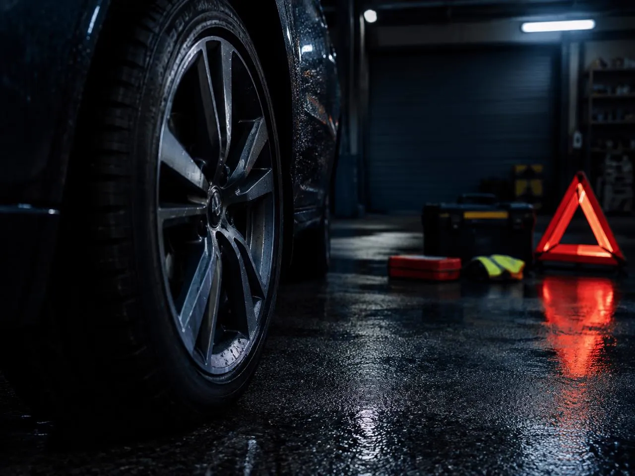Car tire on a wet garage floor beside a roadside safety kit